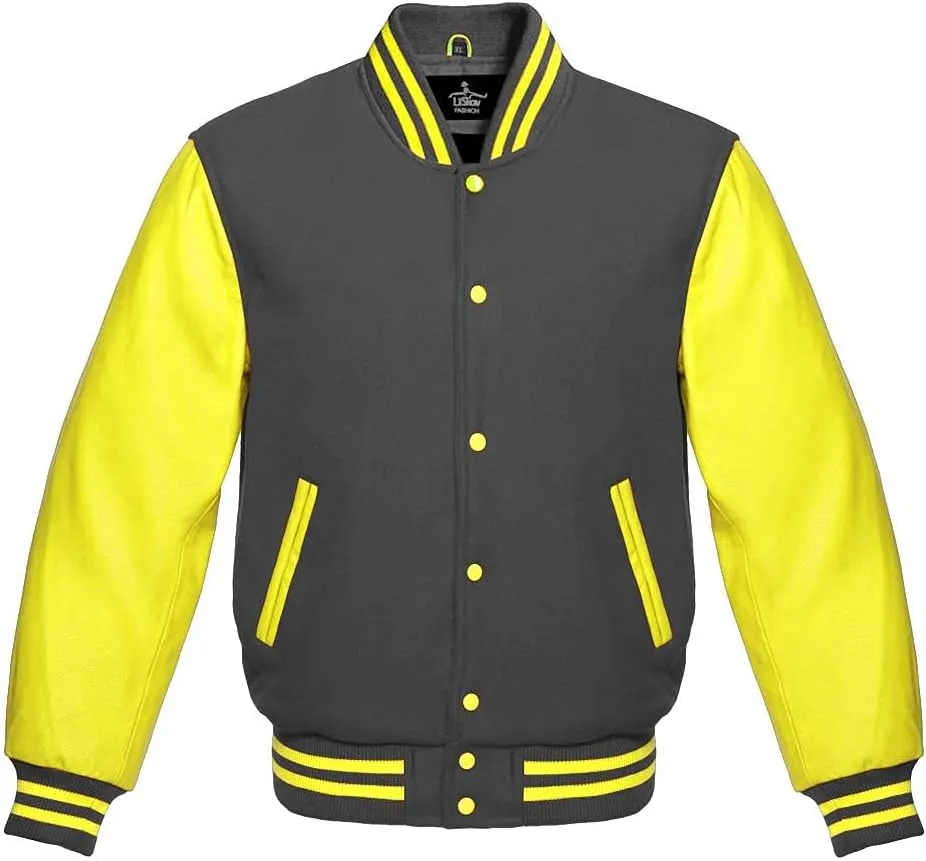 Varsity Jacket Baseball Letterman Bomber School Premium Wool Yellow Genuine leather sleeves