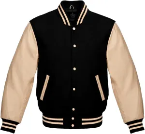 Varsity Jacket Baseball Letterman Bomber Wool & Cream Genuine leather sleeves