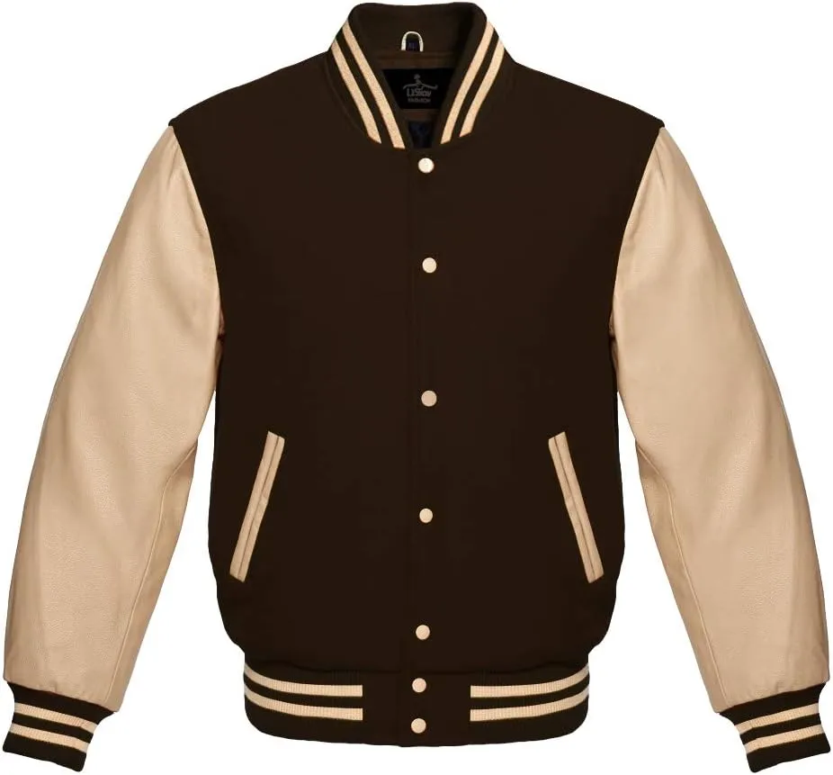 Varsity Jacket Baseball Letterman Bomber Wool & Cream Genuine leather sleeves