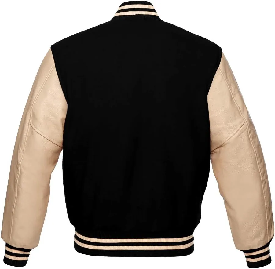 Varsity Jacket Baseball Letterman Bomber Wool & Cream Genuine leather sleeves