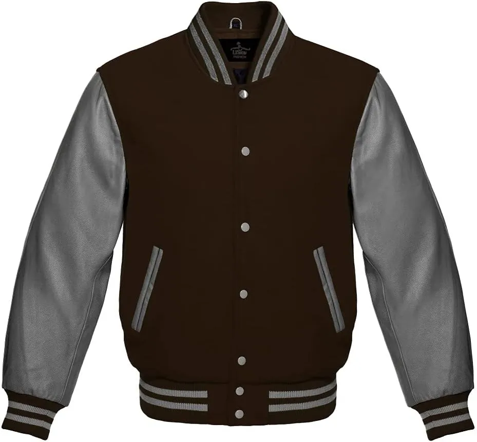 Varsity Jacket Baseball Letterman Bomber Wool & Grey Genuine leather sleeves