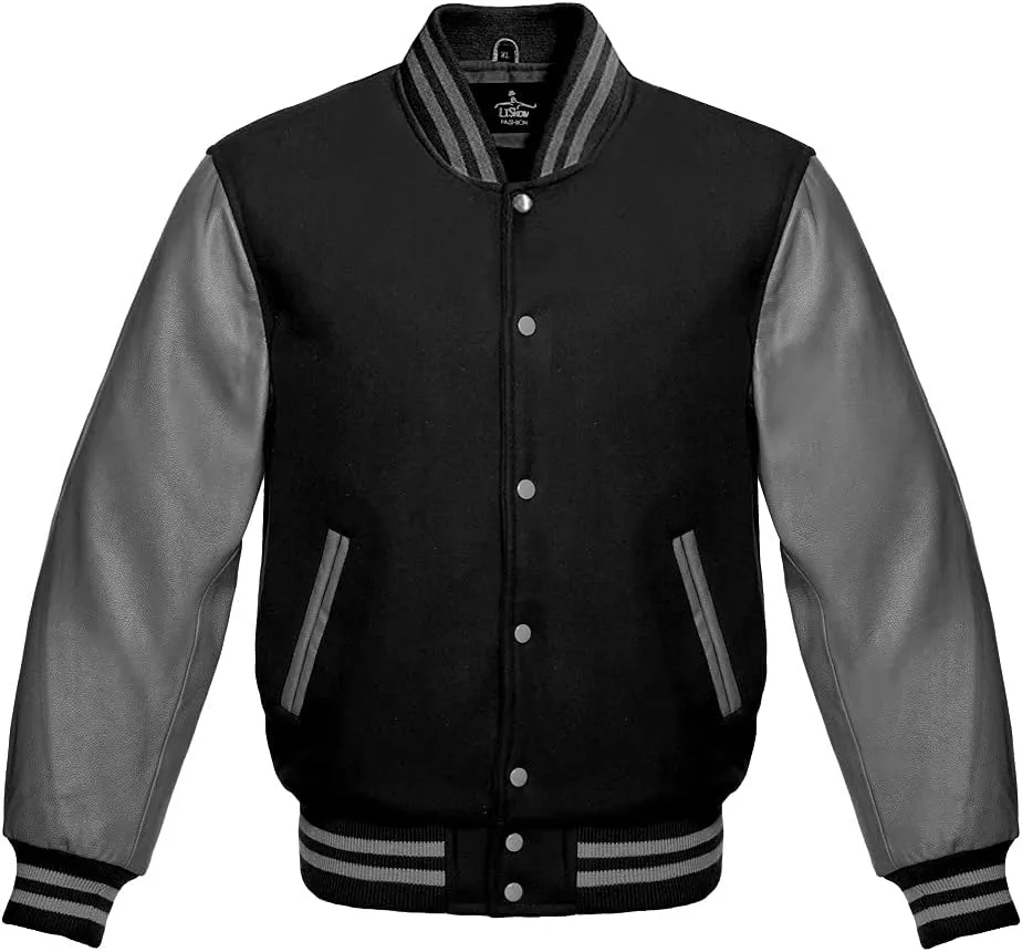 Varsity Jacket Baseball Letterman Bomber Wool & Grey Genuine leather sleeves