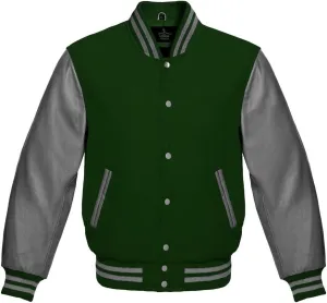 Varsity Jacket Baseball Letterman Bomber Wool & Grey Genuine leather sleeves