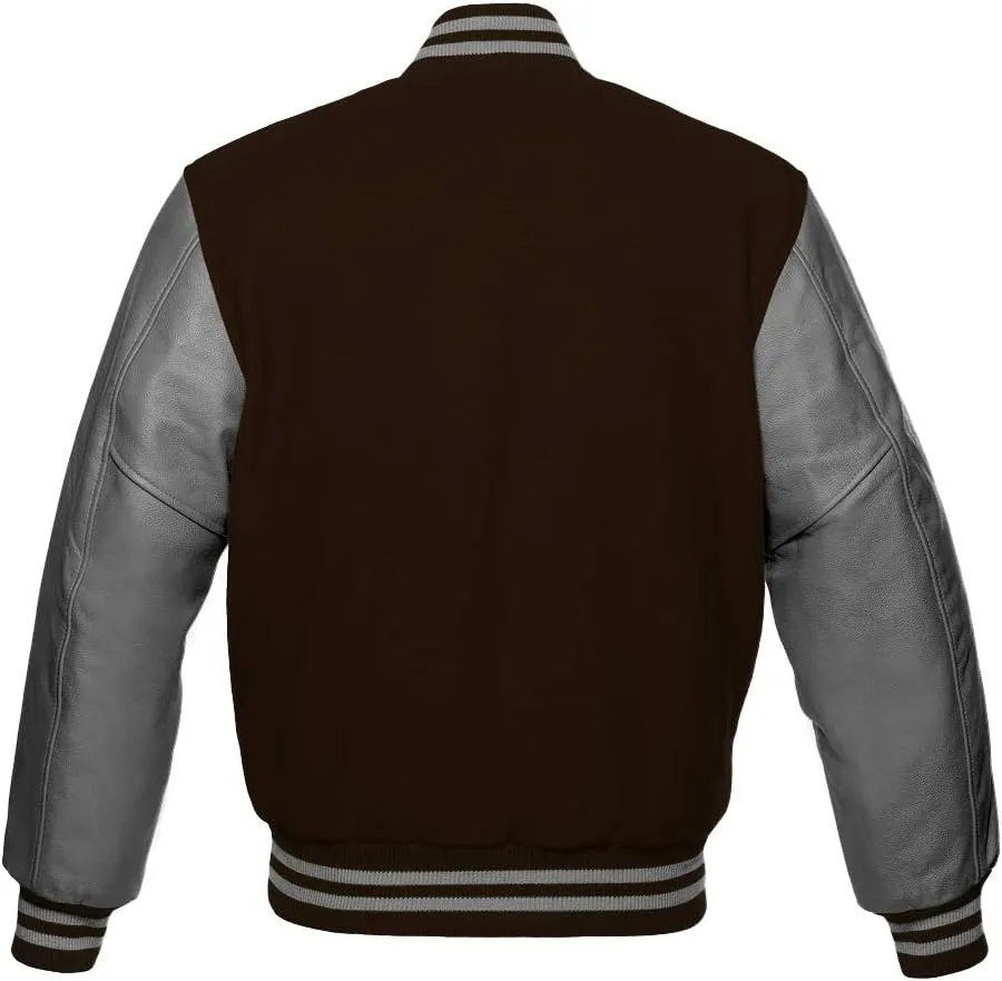 Varsity Jacket Baseball Letterman Bomber Wool & Grey Genuine leather sleeves