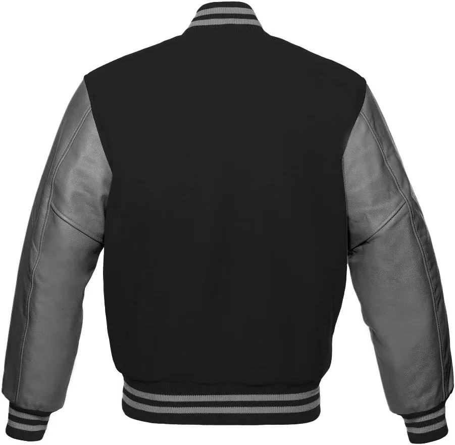 Varsity Jacket Baseball Letterman Bomber Wool & Grey Genuine leather sleeves