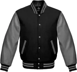 Varsity Jacket Baseball Letterman Bomber Wool & Grey Genuine leather sleeves