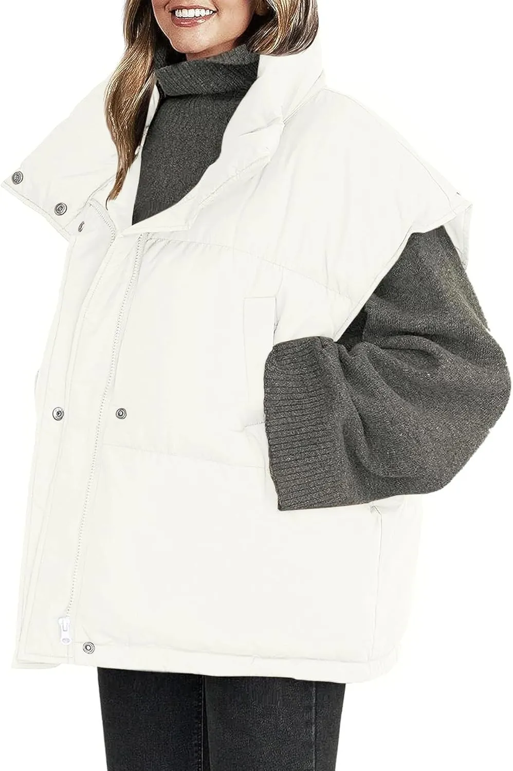 Veatzaer Womens Oversized Puffer Vest Outerwear Stand Collar Drawstring Hem Sleeveless Jackets Zip Warm Winter Coats