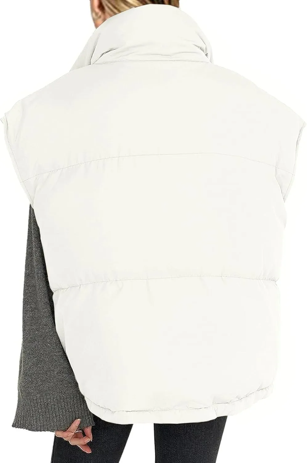 Veatzaer Womens Oversized Puffer Vest Outerwear Stand Collar Drawstring Hem Sleeveless Jackets Zip Warm Winter Coats