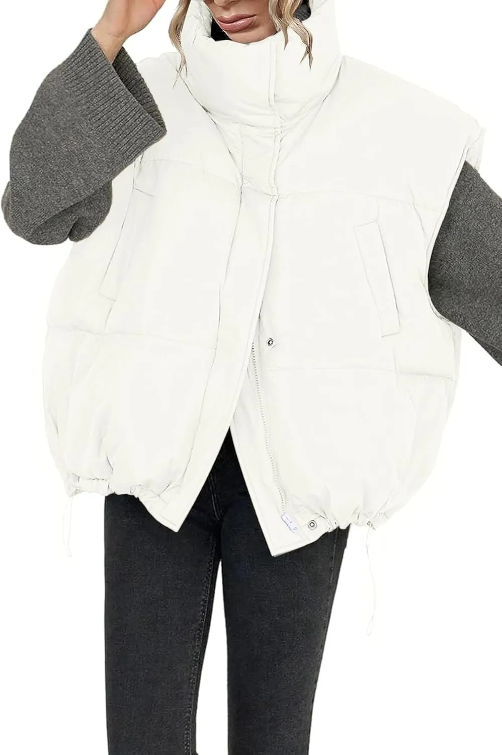 Veatzaer Womens Oversized Puffer Vest Outerwear Stand Collar Drawstring Hem Sleeveless Jackets Zip Warm Winter Coats