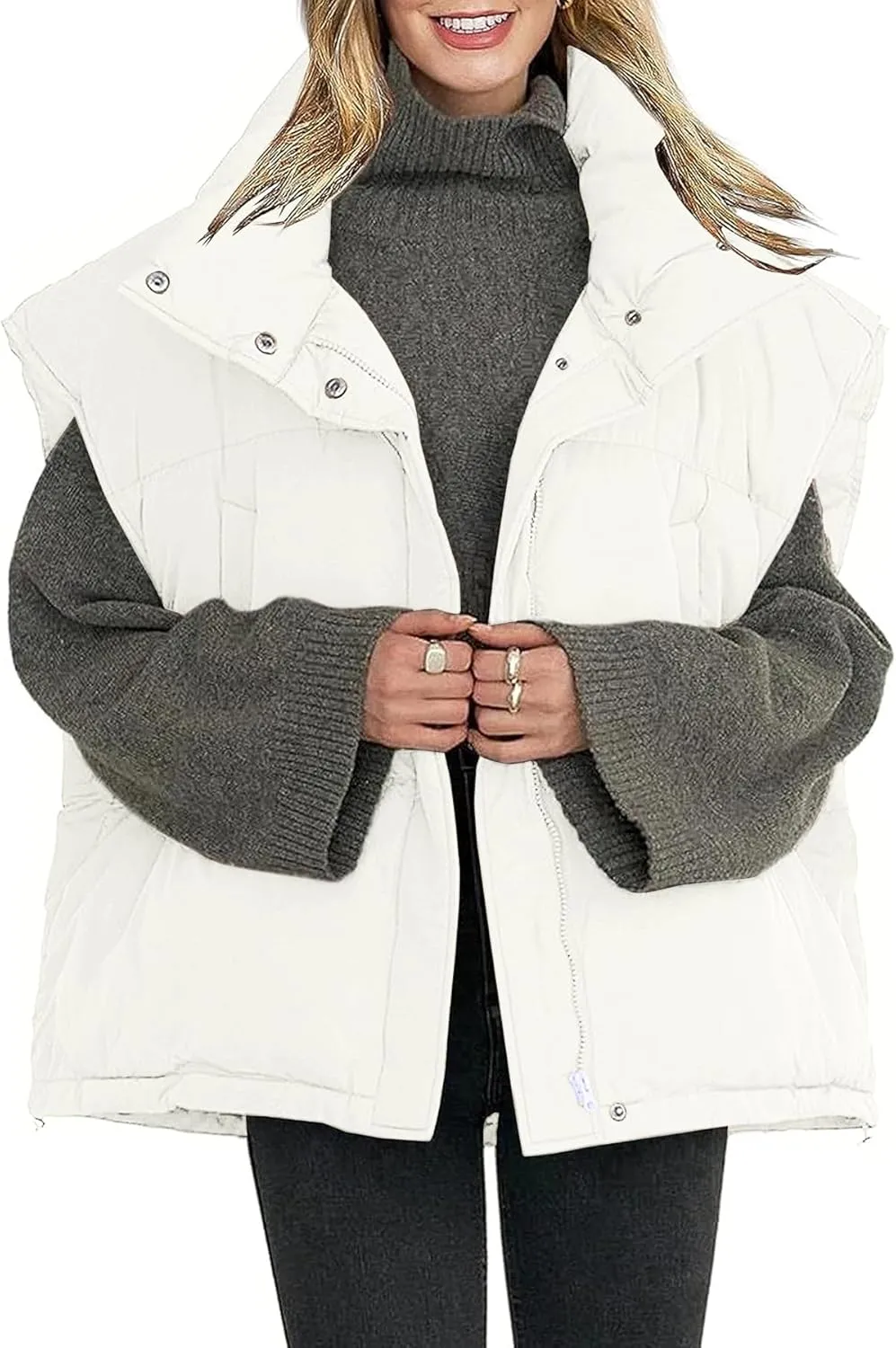 Veatzaer Womens Oversized Puffer Vest Outerwear Stand Collar Drawstring Hem Sleeveless Jackets Zip Warm Winter Coats