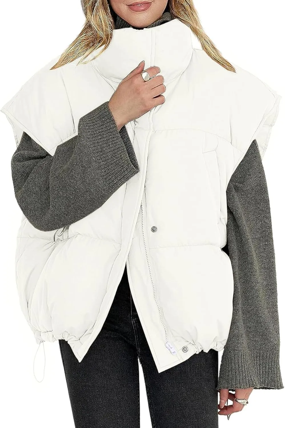 Veatzaer Womens Oversized Puffer Vest Outerwear Stand Collar Drawstring Hem Sleeveless Jackets Zip Warm Winter Coats
