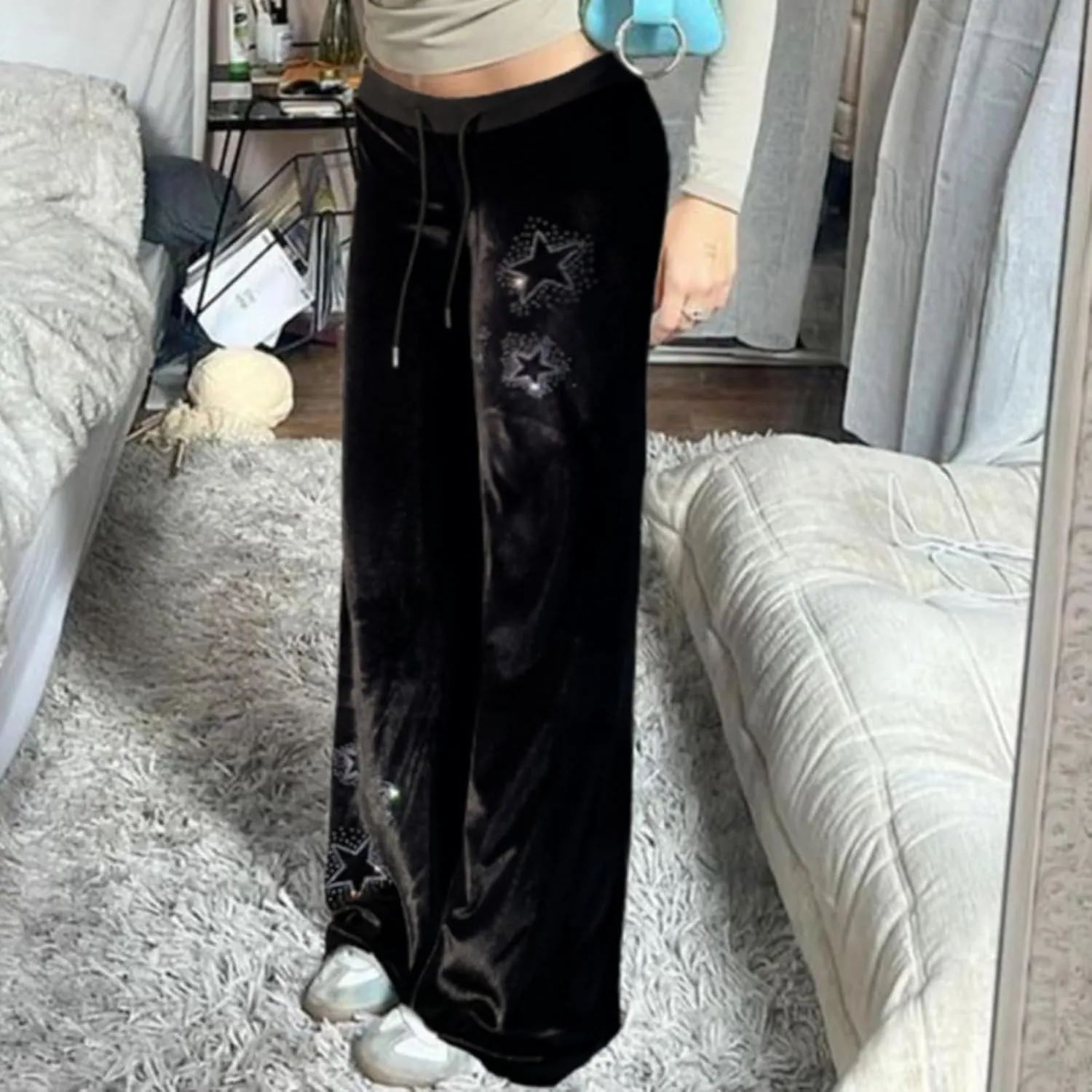 Velvet Star Rhinestone Flare Pants for Women, Bootcut Low Rise Drawstring Bell Bottoms, Y2K Streetwear
