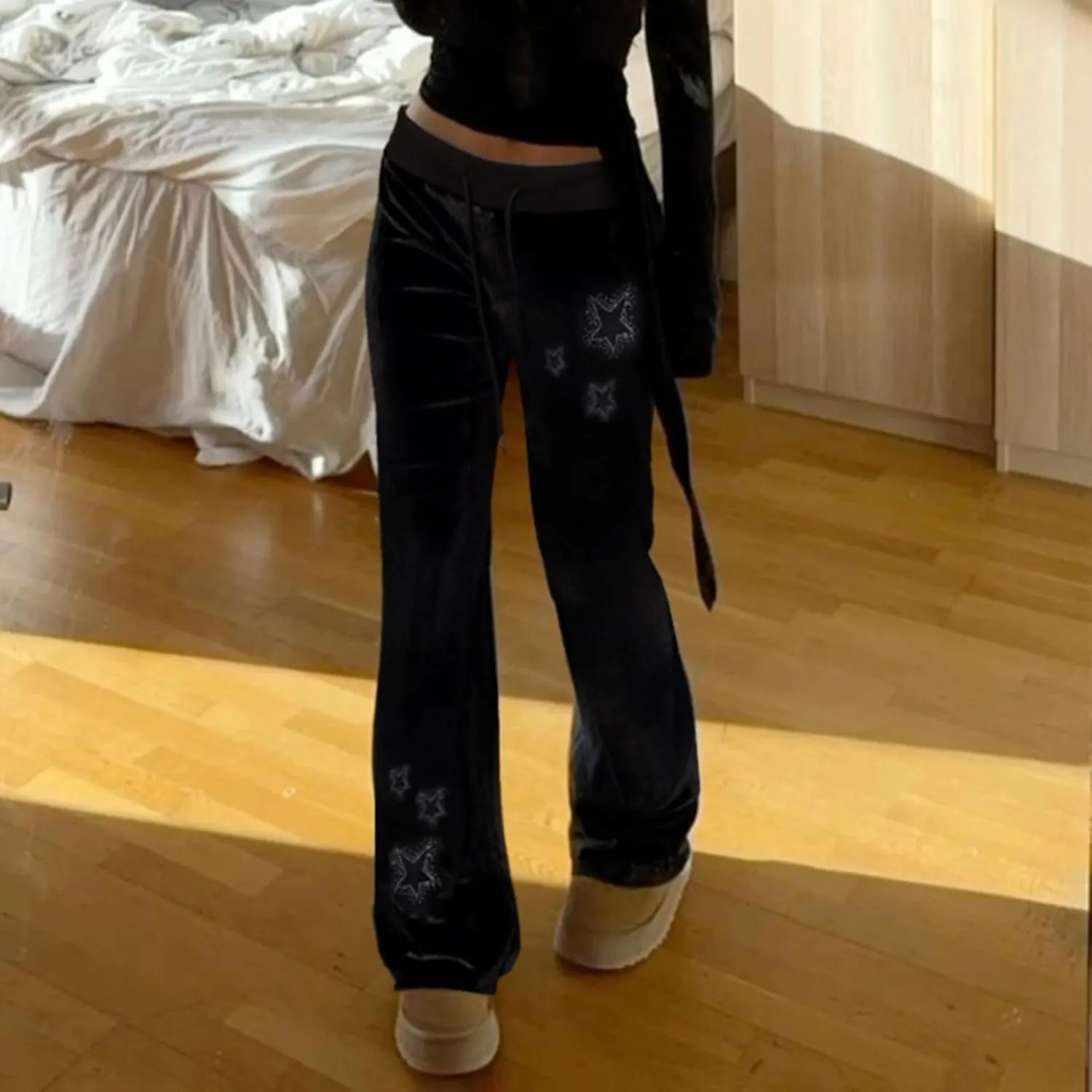 Velvet Star Rhinestone Flare Pants for Women, Bootcut Low Rise Drawstring Bell Bottoms, Y2K Streetwear