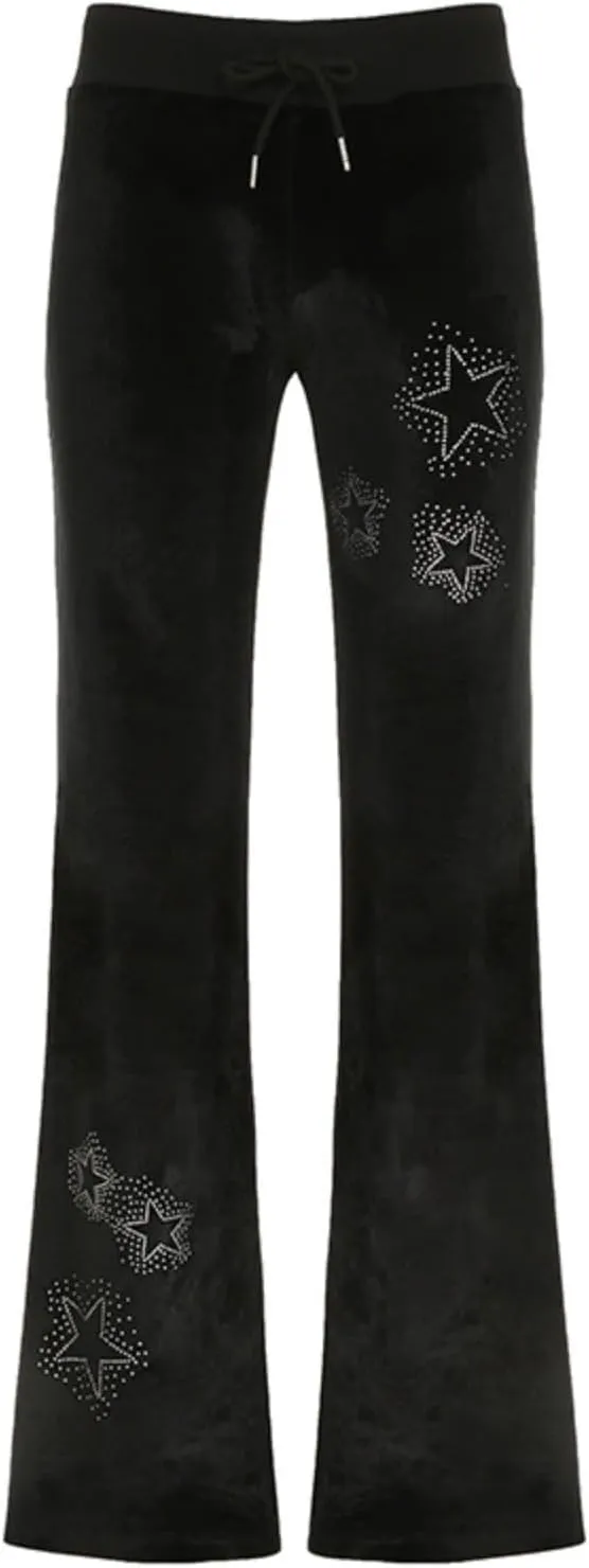 Velvet Star Rhinestone Flare Pants for Women, Bootcut Low Rise Drawstring Bell Bottoms, Y2K Streetwear