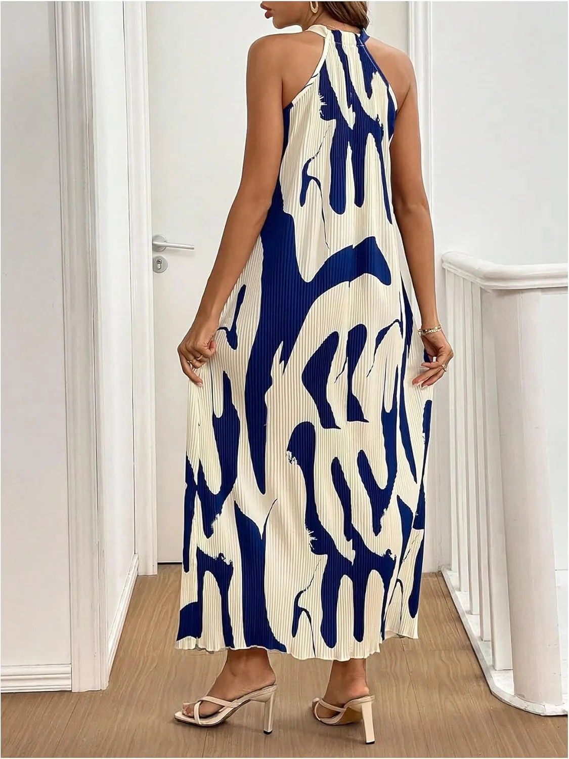 Verdusa Women's Casual Pleated Sleeveless Halter Dress Summer A Line Long Dress