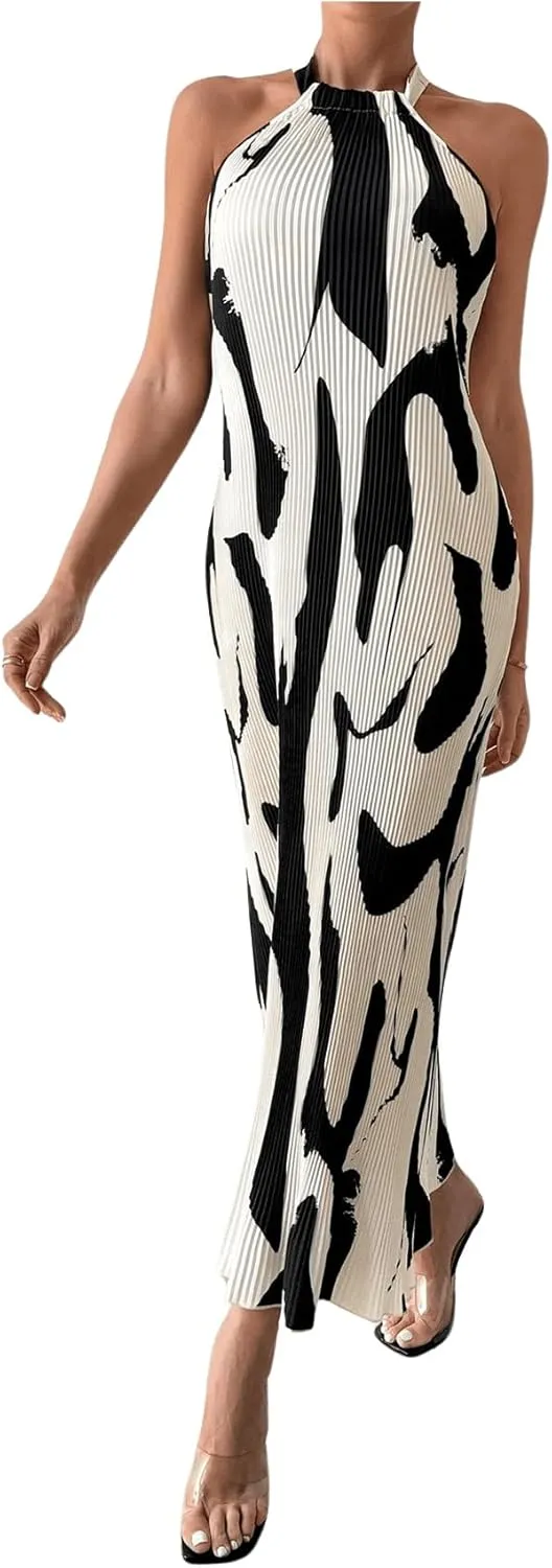 Verdusa Women's Casual Pleated Sleeveless Halter Dress Summer A Line Long Dress