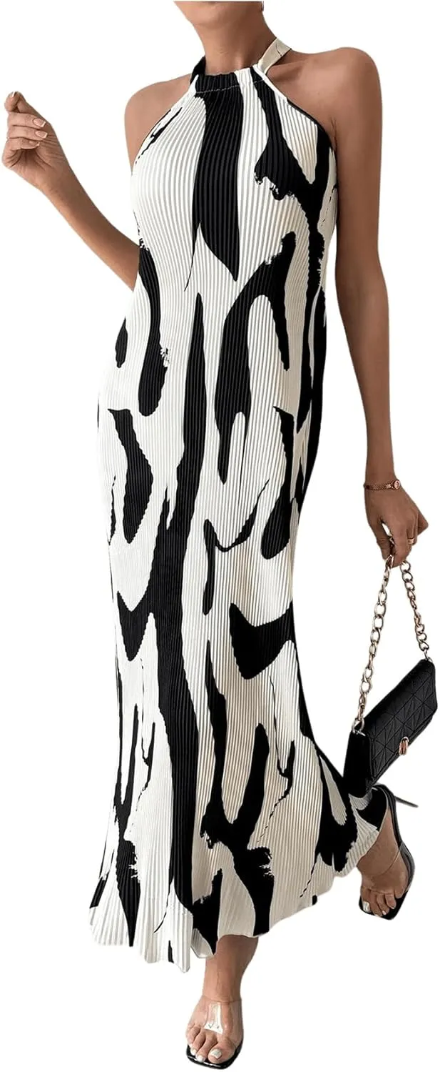 Verdusa Women's Casual Pleated Sleeveless Halter Dress Summer A Line Long Dress