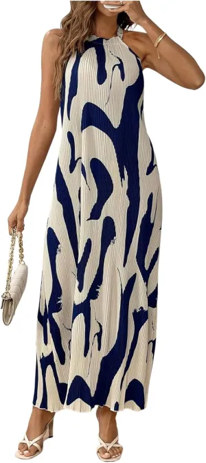 Verdusa Women's Casual Pleated Sleeveless Halter Dress Summer A Line Long Dress