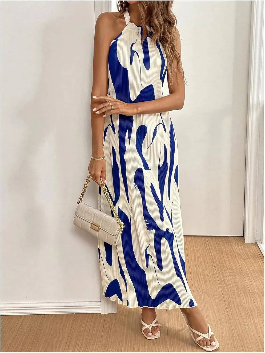 Verdusa Women's Casual Pleated Sleeveless Halter Dress Summer A Line Long Dress