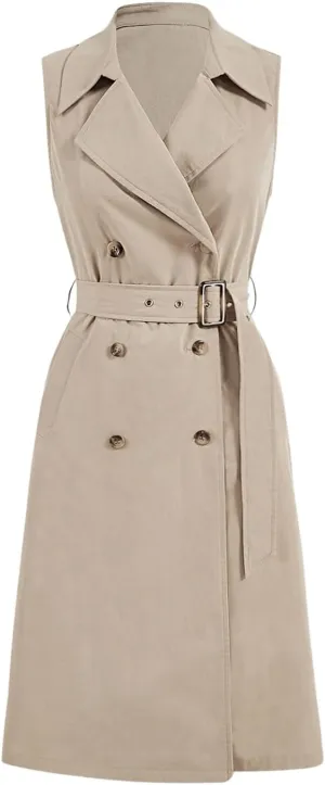 Verdusa Women's Double Breasted Trench Coats Lapel Collar Sleeveless Belted Vest Jacket