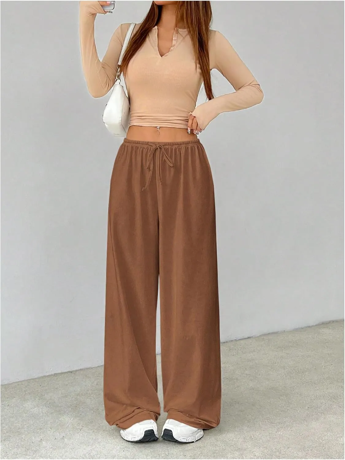 Verdusa Women's Loose Wide Leg Sweatpants Elastic Drawstring Waist Casual Long Pants