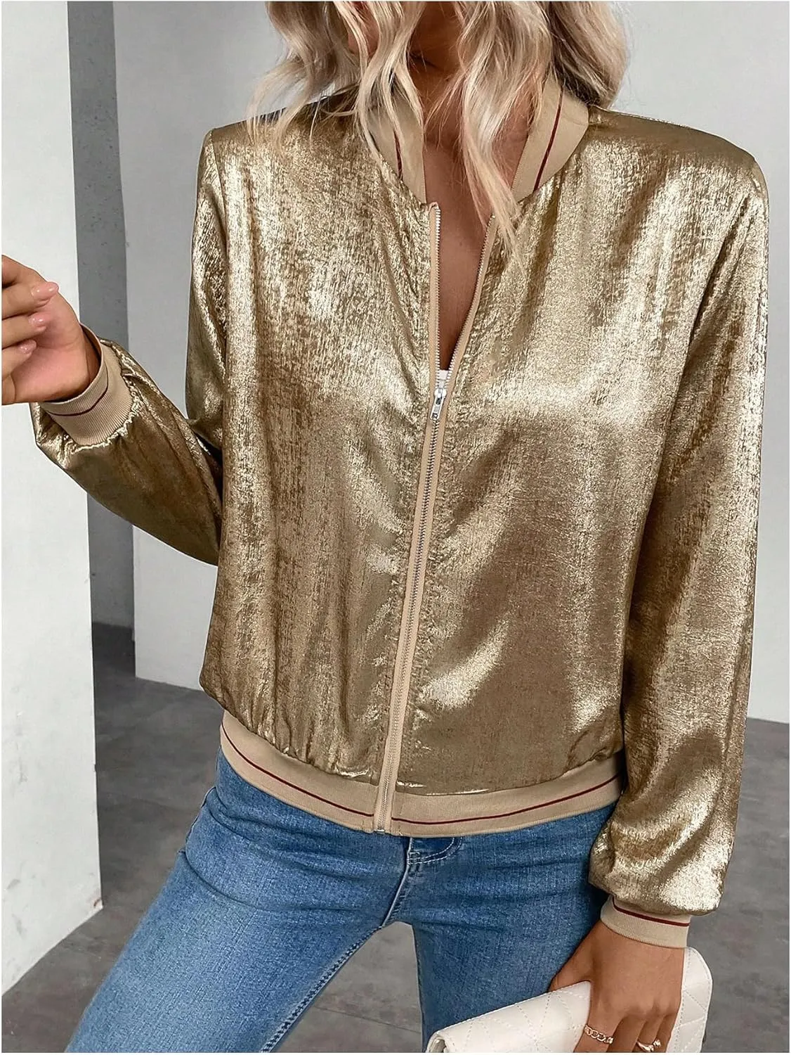Verdusa Women's Metallic Zipper Bomber Jacket Outwear Long Sleeve Lightweight Jacket Coats