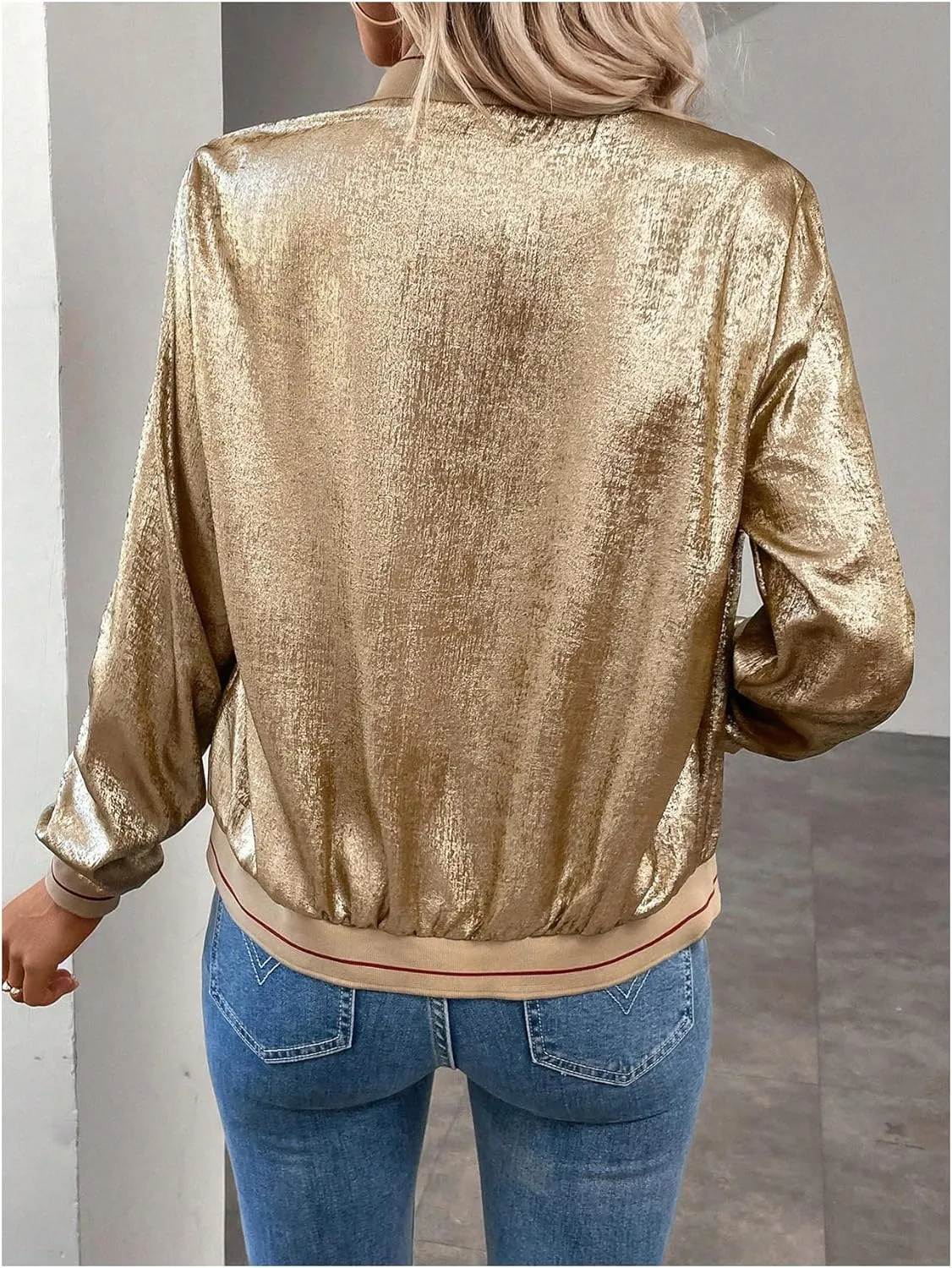 Verdusa Women's Metallic Zipper Bomber Jacket Outwear Long Sleeve Lightweight Jacket Coats