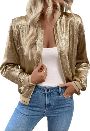 Verdusa Women's Metallic Zipper Bomber Jacket Outwear Long Sleeve Lightweight Jacket Coats