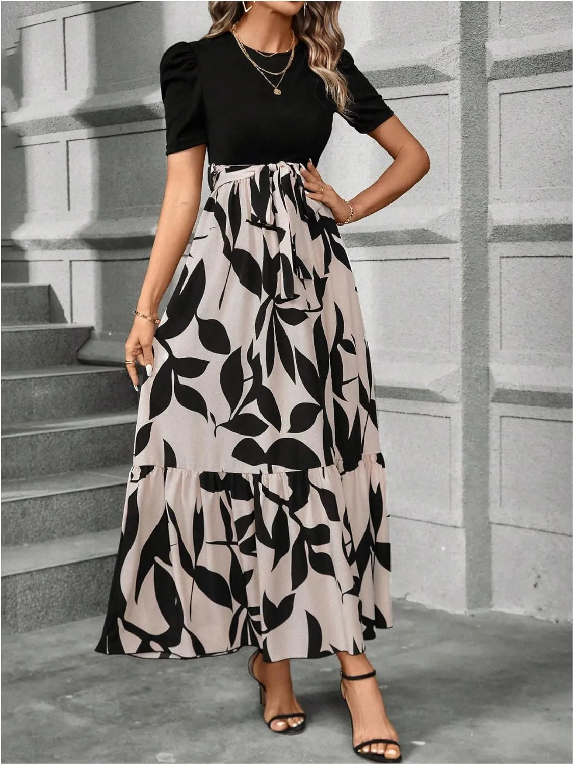 Verdusa Women's Puff Sleeve A Line Flowy Maxi Dress Round Neck Belted Flared Dress