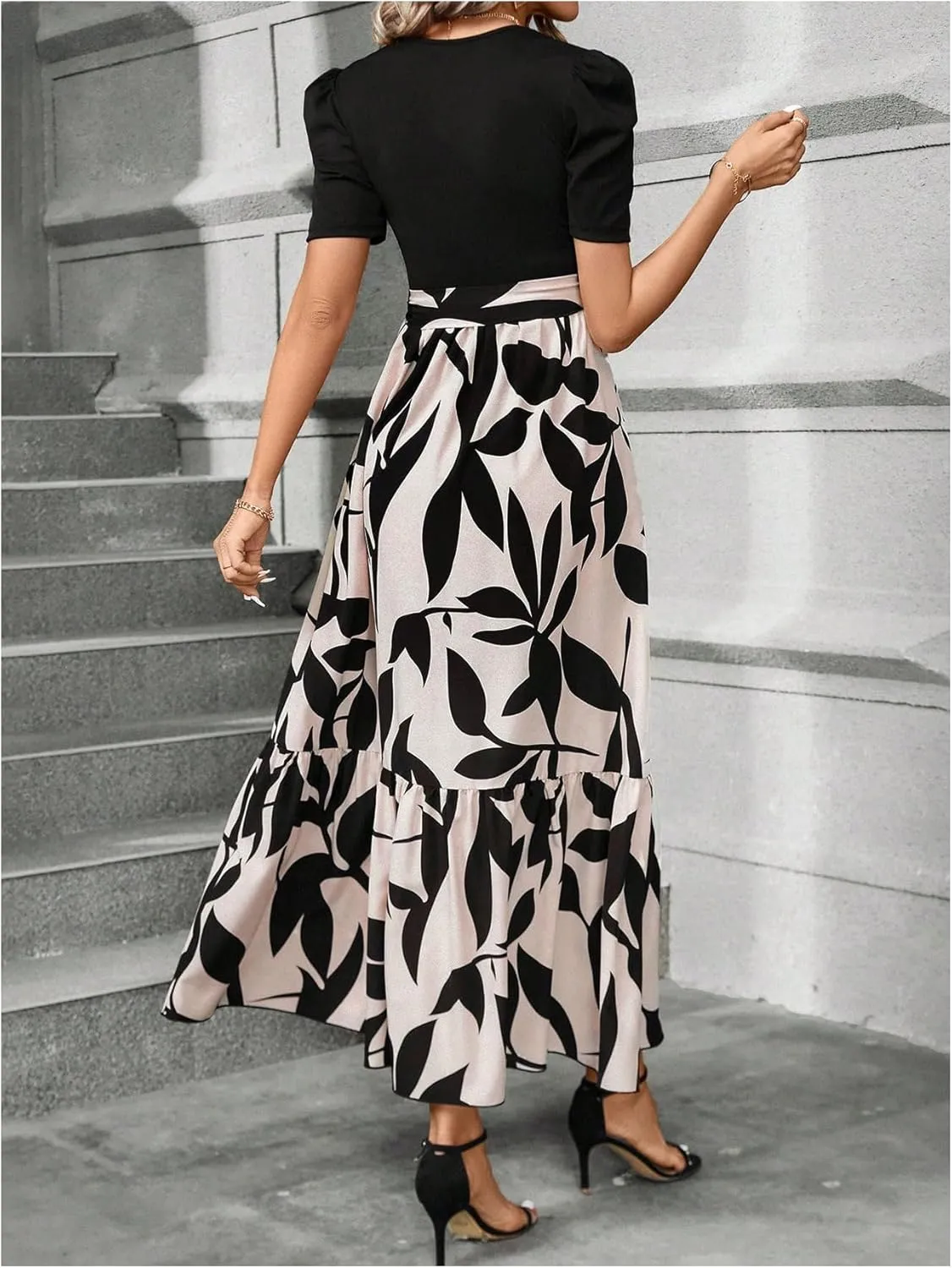 Verdusa Women's Puff Sleeve A Line Flowy Maxi Dress Round Neck Belted Flared Dress
