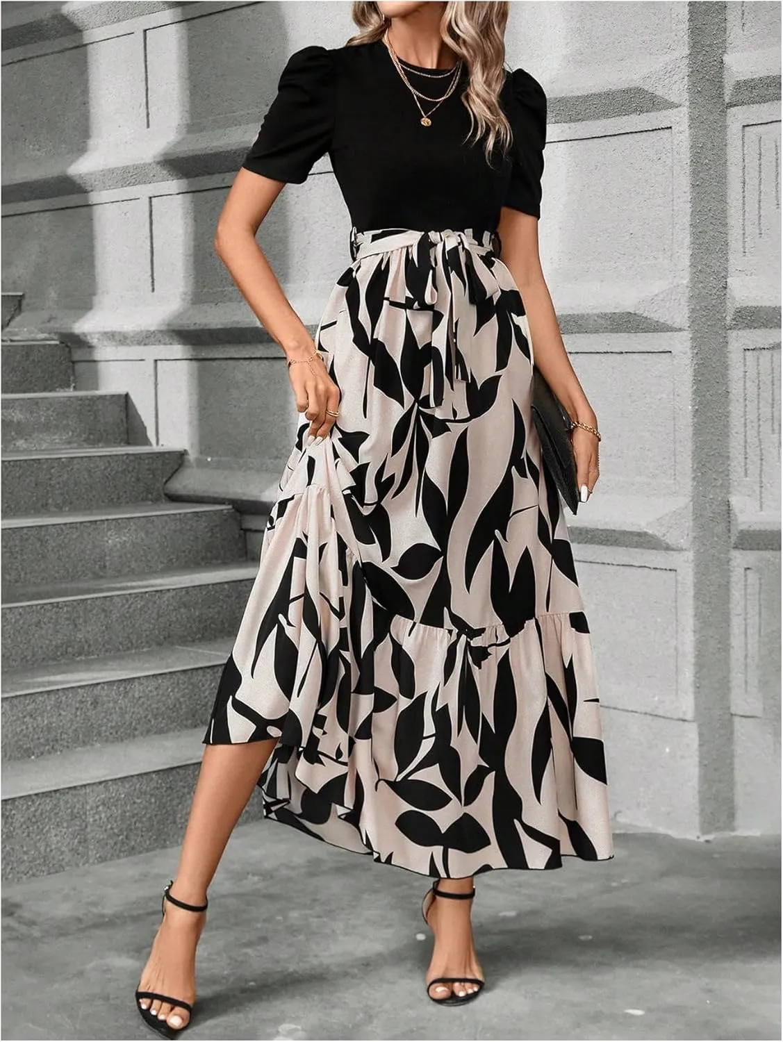 Verdusa Women's Puff Sleeve A Line Flowy Maxi Dress Round Neck Belted Flared Dress