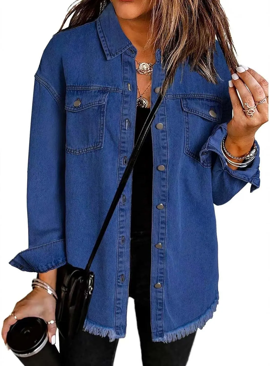 VESNIBA 2024 Jean Jackets for Women Fashion Oversized Button Down Denim Jacket Western Fall Shacket Jacket with