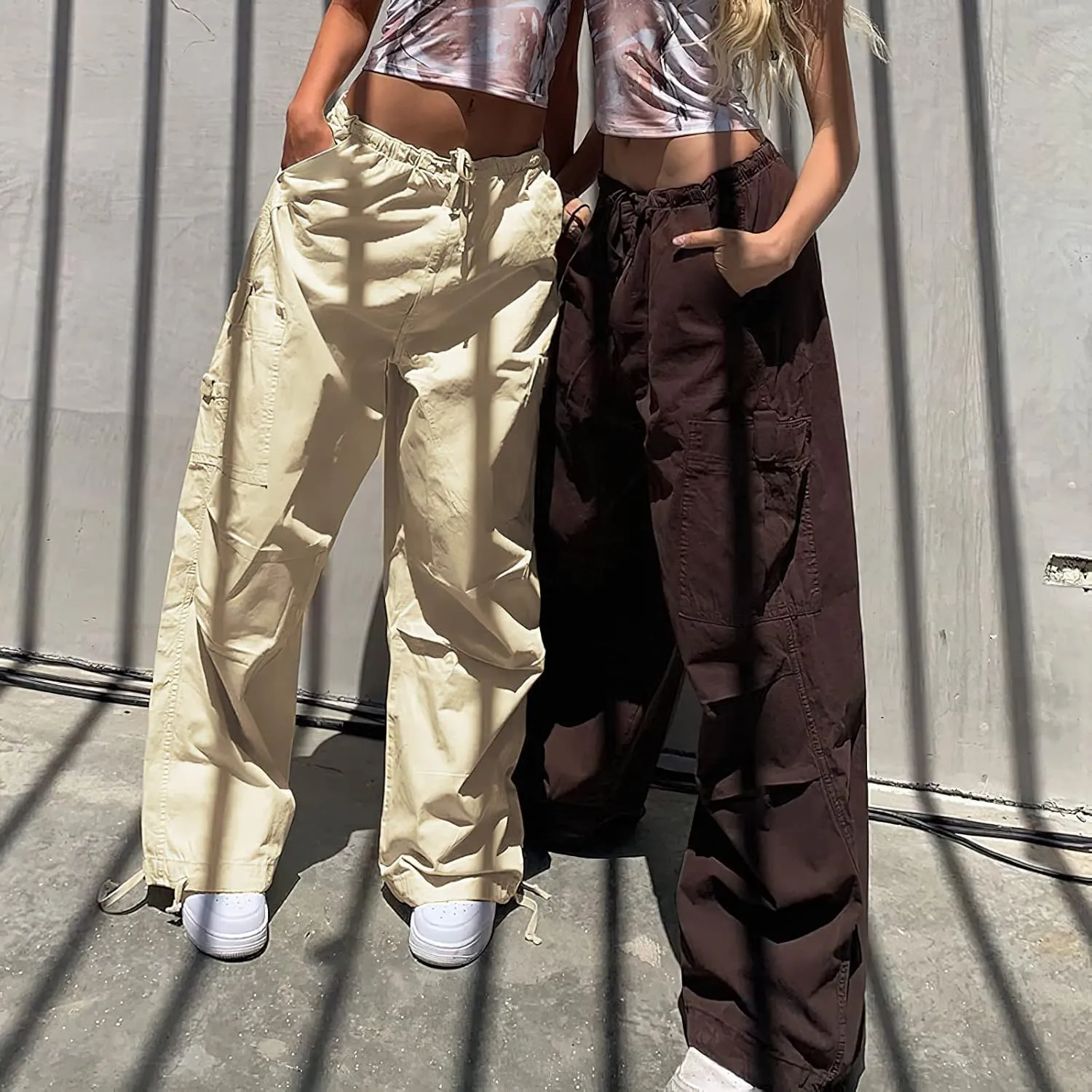 Viatabuna Women Y2K Baggy Cargo Pants Elastic High Waist Drawstring Straight Wide Leg Streetwear Trousers Grunge Sweatpants