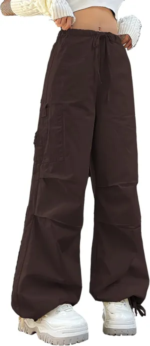 Viatabuna Women Y2K Baggy Cargo Pants Elastic High Waist Drawstring Straight Wide Leg Streetwear Trousers Grunge Sweatpants