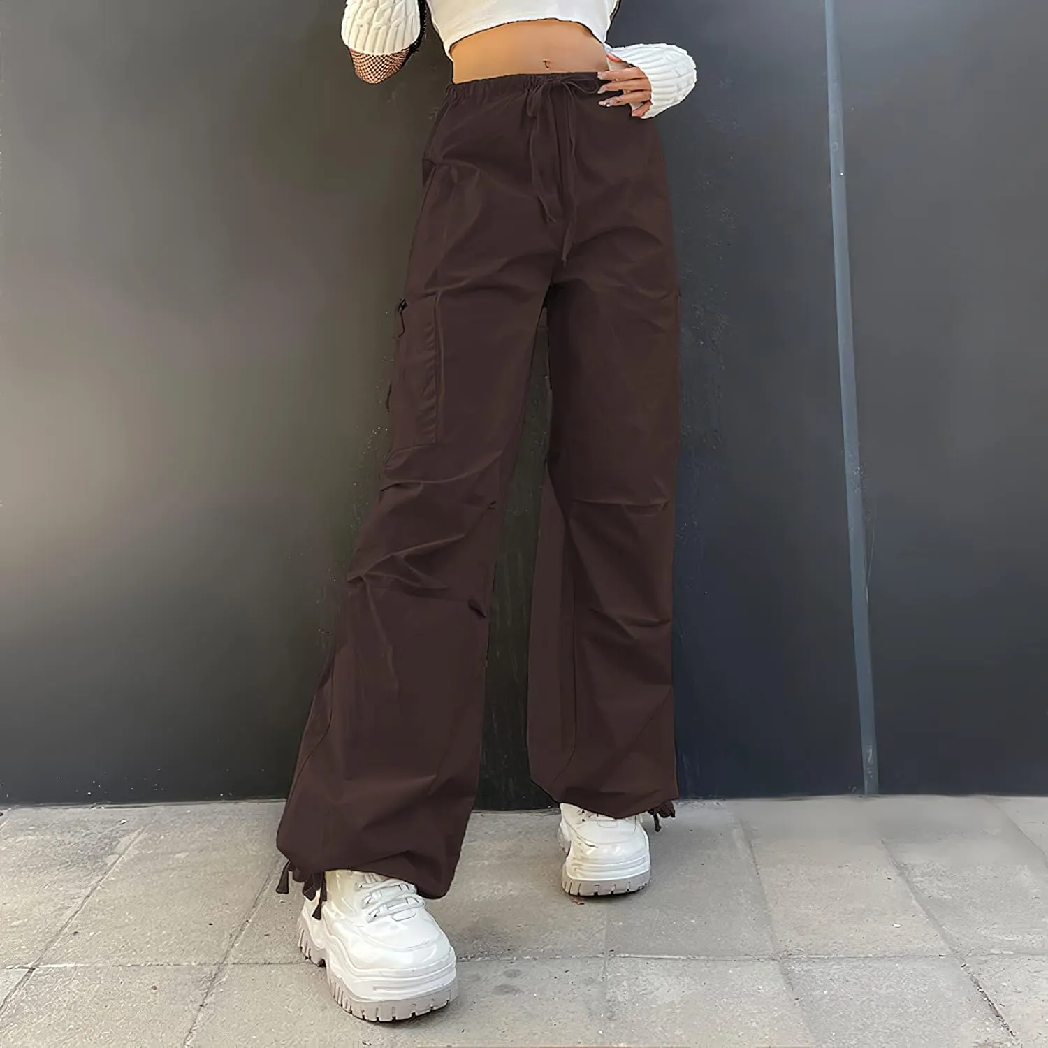 Viatabuna Women Y2K Baggy Cargo Pants Elastic High Waist Drawstring Straight Wide Leg Streetwear Trousers Grunge Sweatpants
