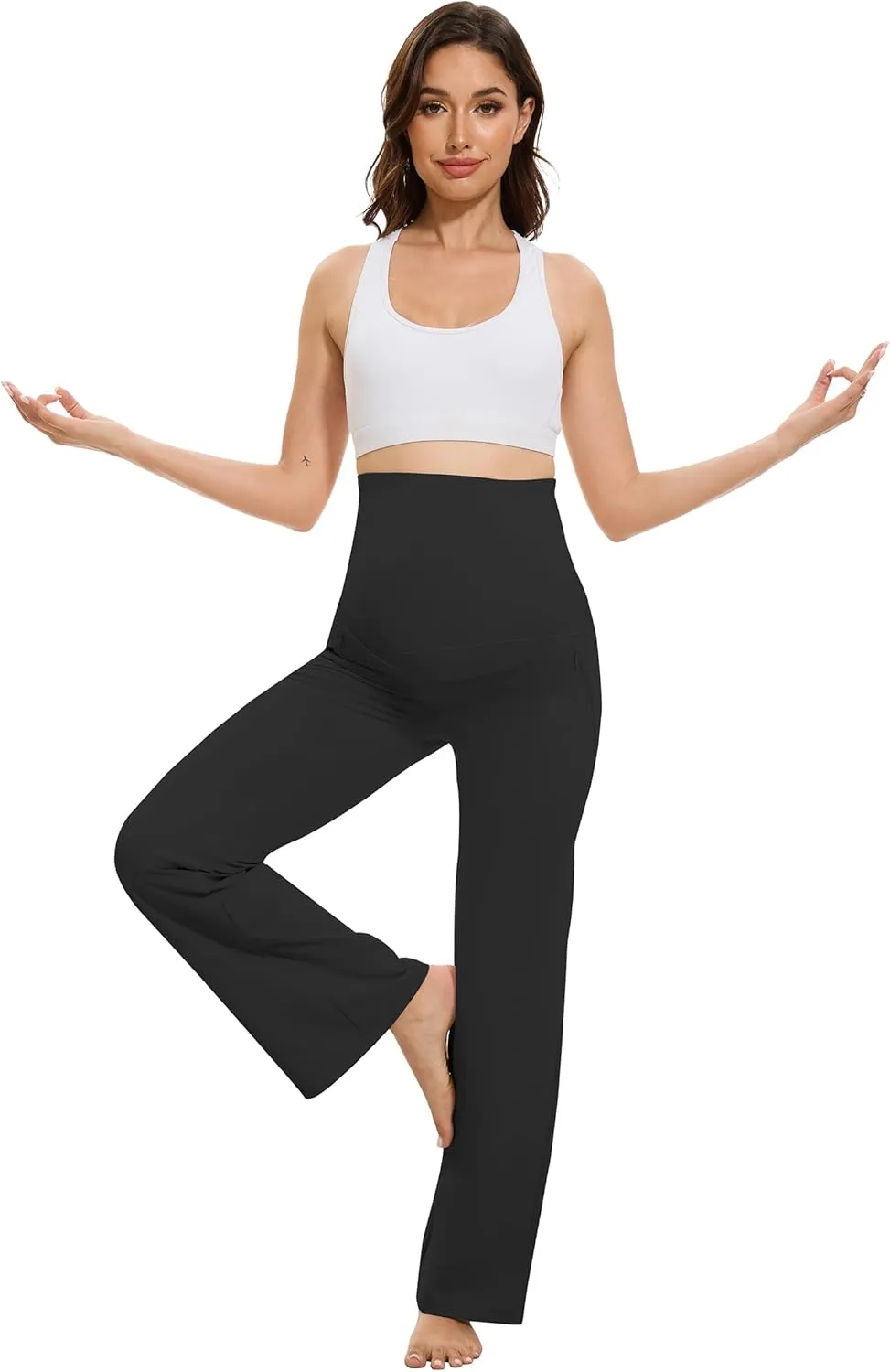VIMPEP Soft Feeling Wide Leg Maternity Yoga Pants Over The Belly Pregnancy Dress Pants Petite/Regular with Pockets 305