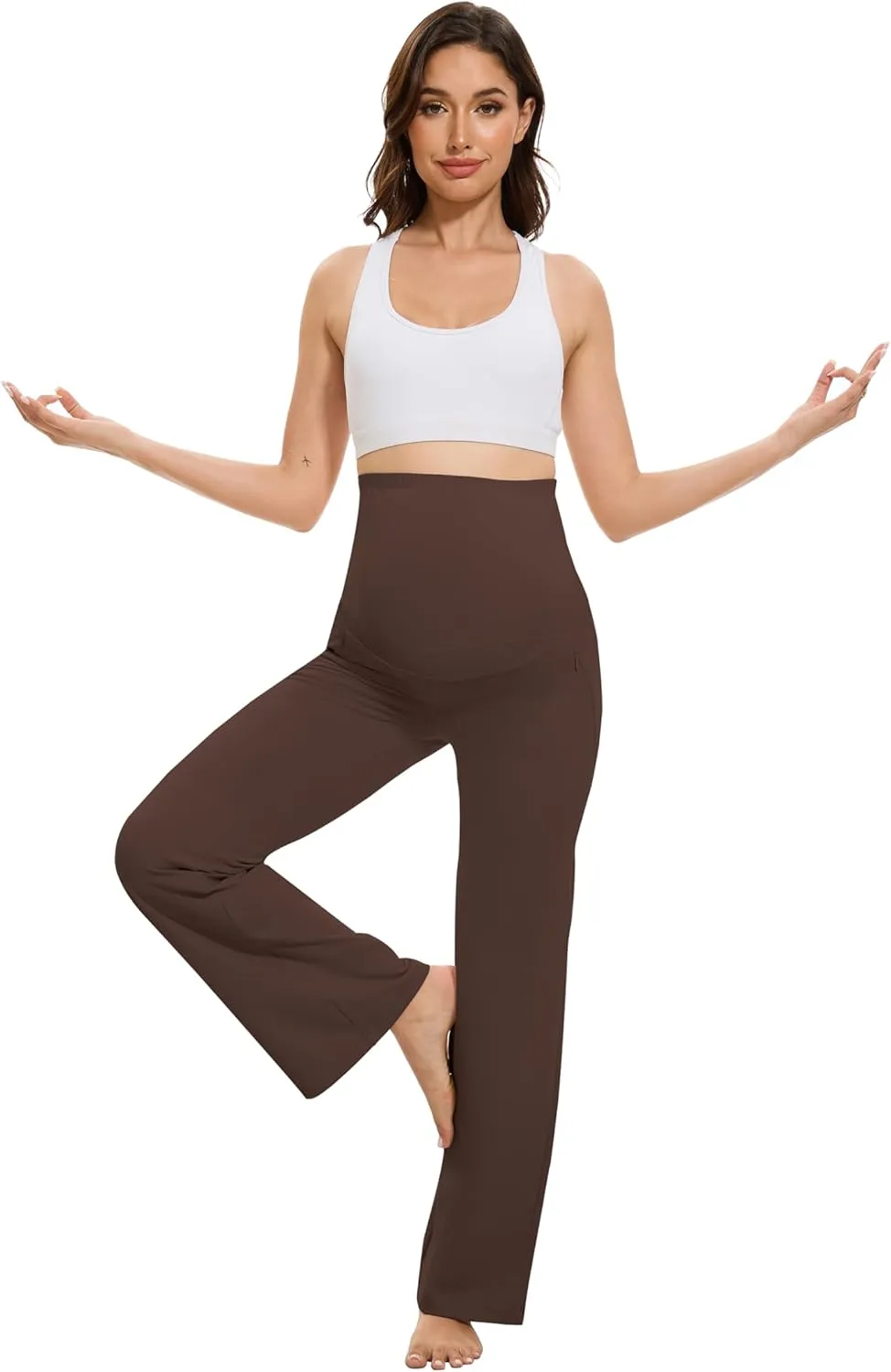 VIMPEP Soft Feeling Wide Leg Maternity Yoga Pants Over The Belly Pregnancy Dress Pants Petite/Regular with Pockets 305