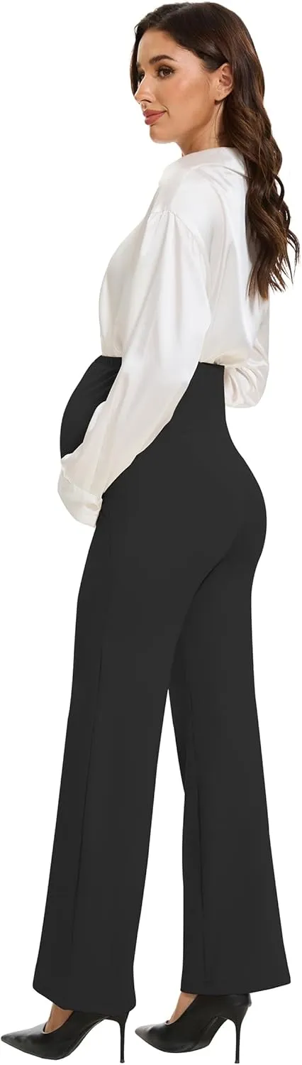 VIMPEP Soft Feeling Wide Leg Maternity Yoga Pants Over The Belly Pregnancy Dress Pants Petite/Regular with Pockets 305