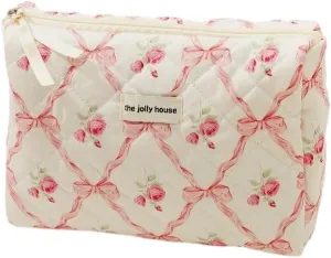 Vintage Quilted Makeup BagPortable Makeup Case Organizer Large Capacity For Women Toiletry Bag for Girls Traveling (Pink bow)