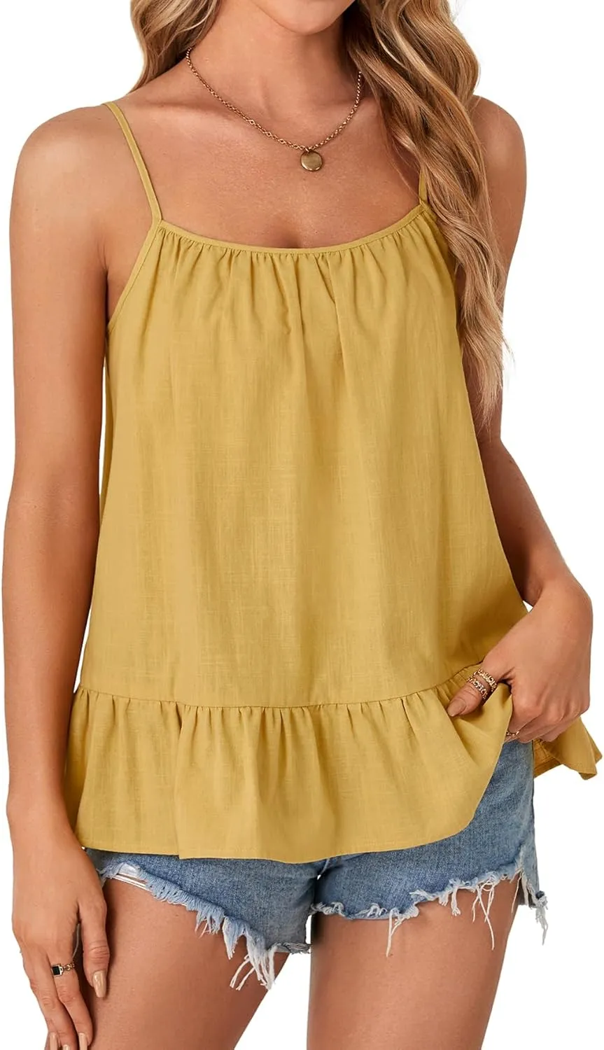 Vrtige Women's Cotton Camisole Spaghetti Strap Sleeveless Ruffle Hem Cami Top Shirt