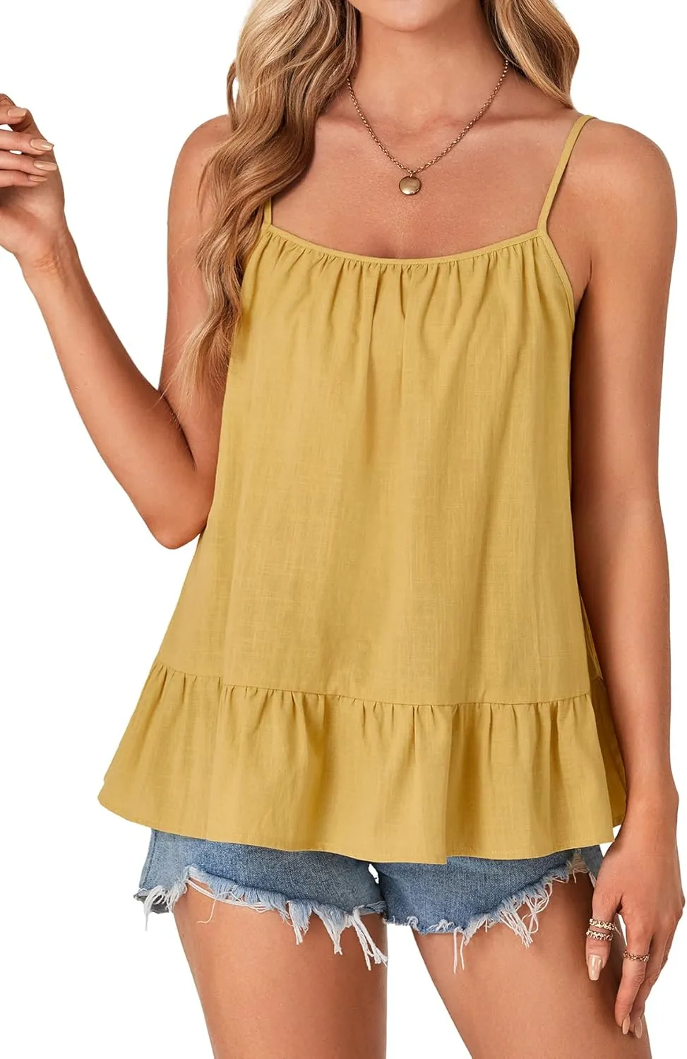 Vrtige Women's Cotton Camisole Spaghetti Strap Sleeveless Ruffle Hem Cami Top Shirt