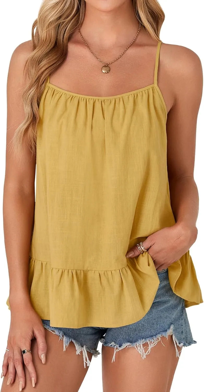 Vrtige Women's Cotton Camisole Spaghetti Strap Sleeveless Ruffle Hem Cami Top Shirt