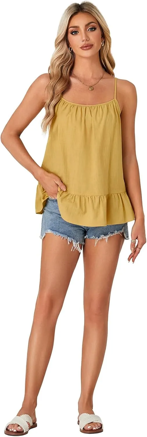 Vrtige Women's Cotton Camisole Spaghetti Strap Sleeveless Ruffle Hem Cami Top Shirt