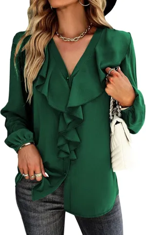 Vrtige Women's V Neck Ruffle Front Button Down Long Sleeve Blouse Top Shirt