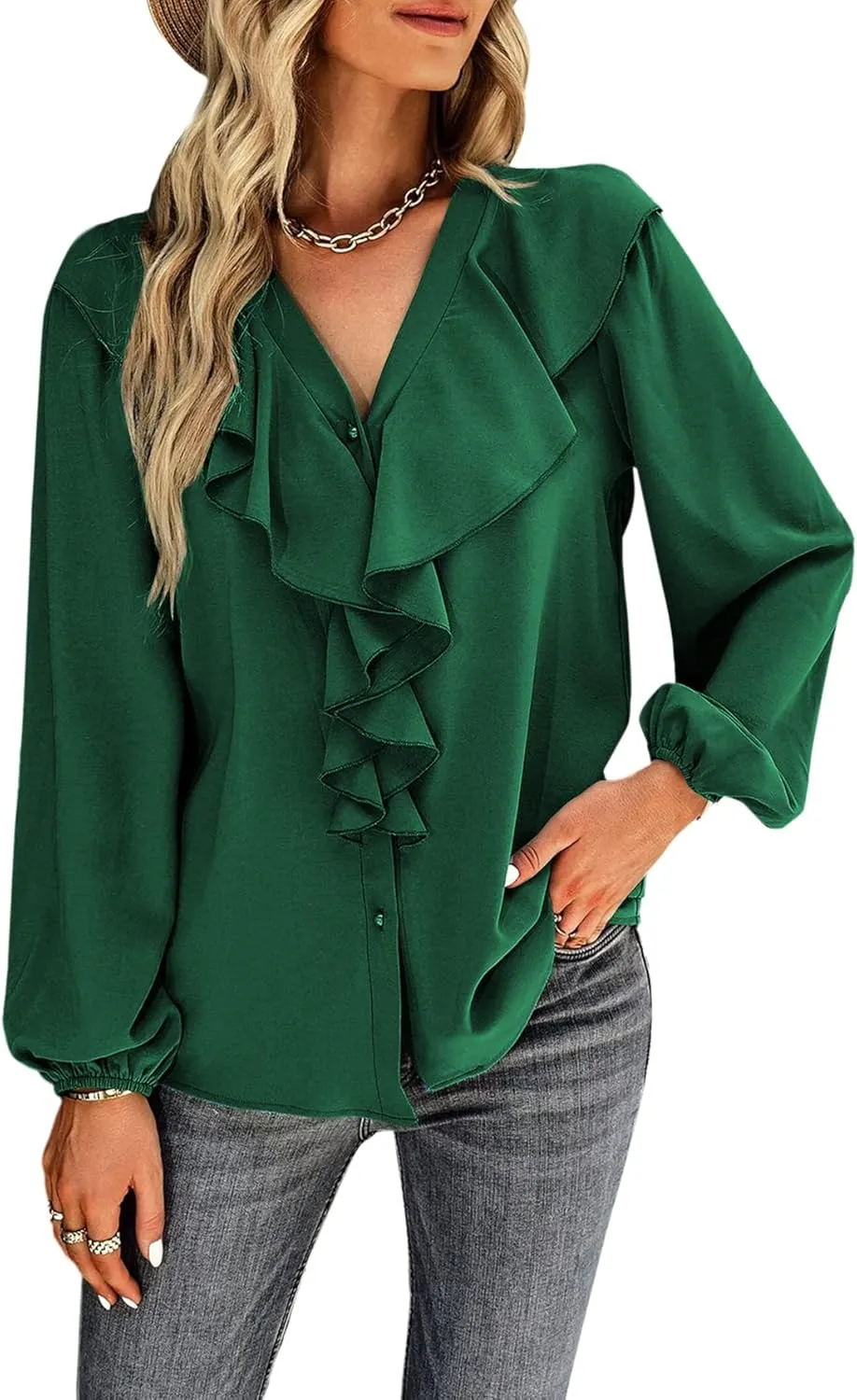 Vrtige Women's V Neck Ruffle Front Button Down Long Sleeve Blouse Top Shirt