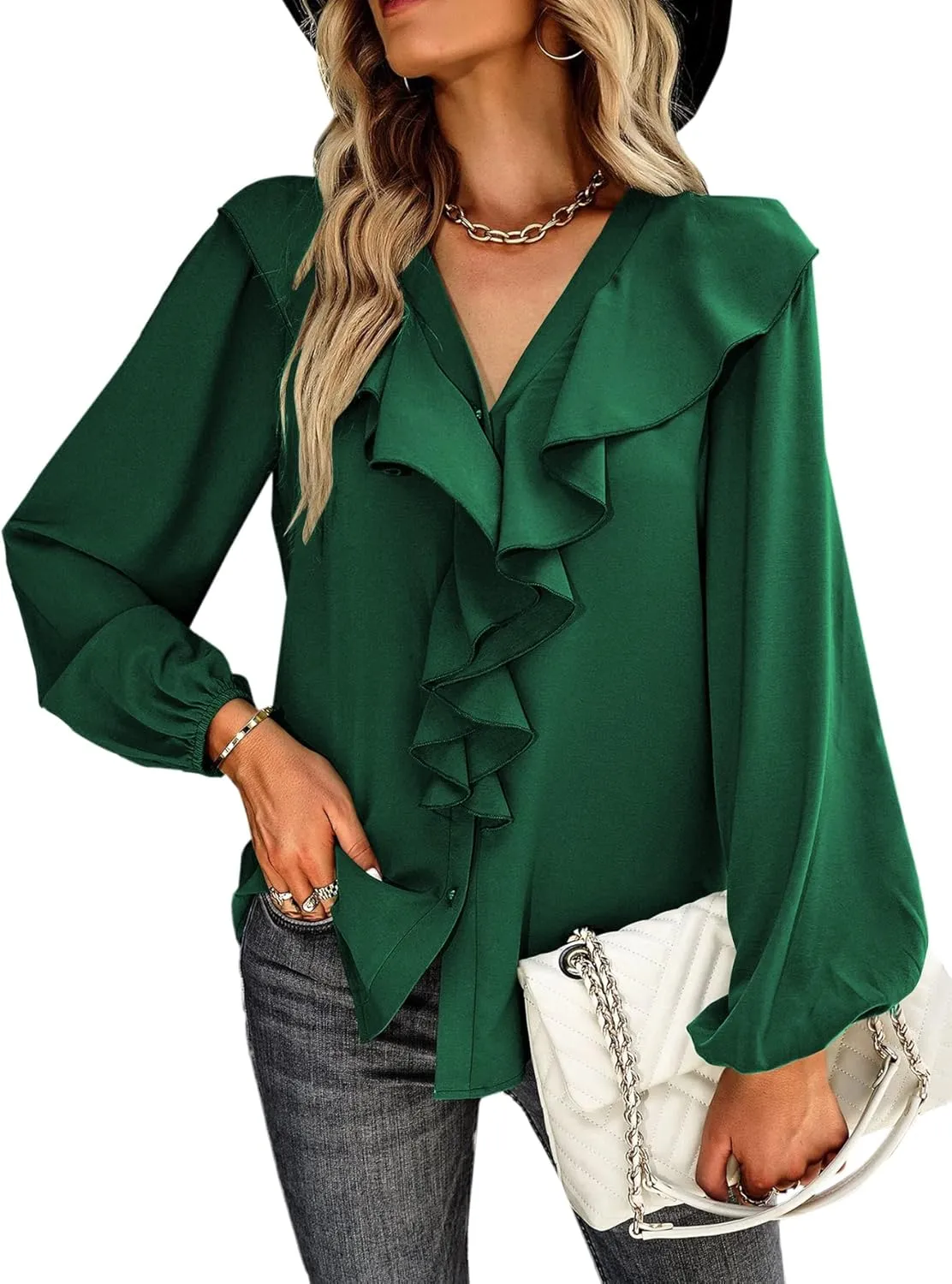Vrtige Women's V Neck Ruffle Front Button Down Long Sleeve Blouse Top Shirt