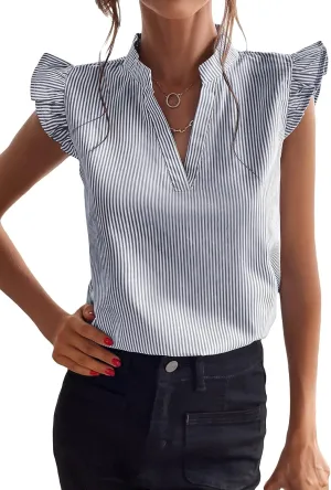 WDIRARA Women's Striped Ruffle Cap Sleeve Notched V Neck Blouse Top Shirt