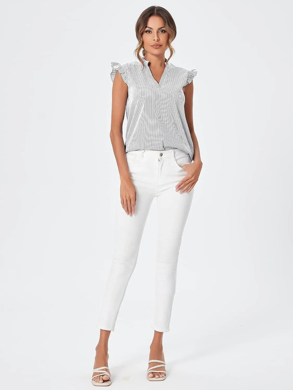 WDIRARA Women's Striped Ruffle Cap Sleeve Notched V Neck Blouse Top Shirt