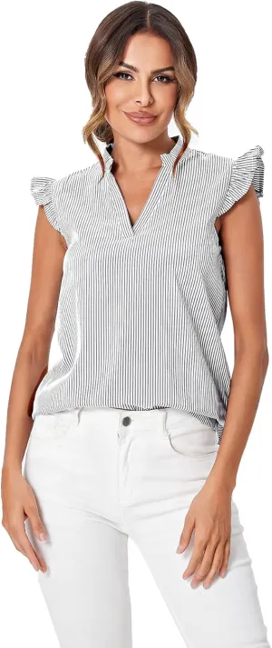 WDIRARA Women's Striped Ruffle Cap Sleeve Notched V Neck Blouse Top Shirt