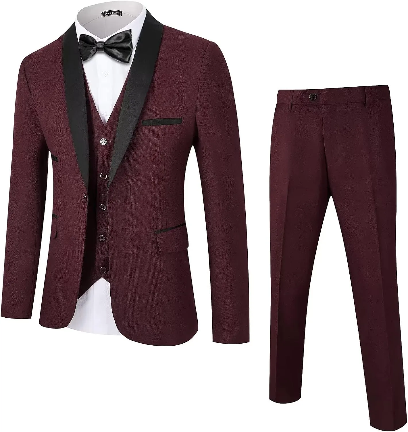 WEEN CHARM Men's Slim Fit 3 Piece Tuxedo Suit One Button Shawl Lapel Blazer Jacket Vest Pants Set